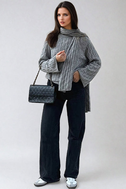 Knitted Sweater with Scarf - Gray