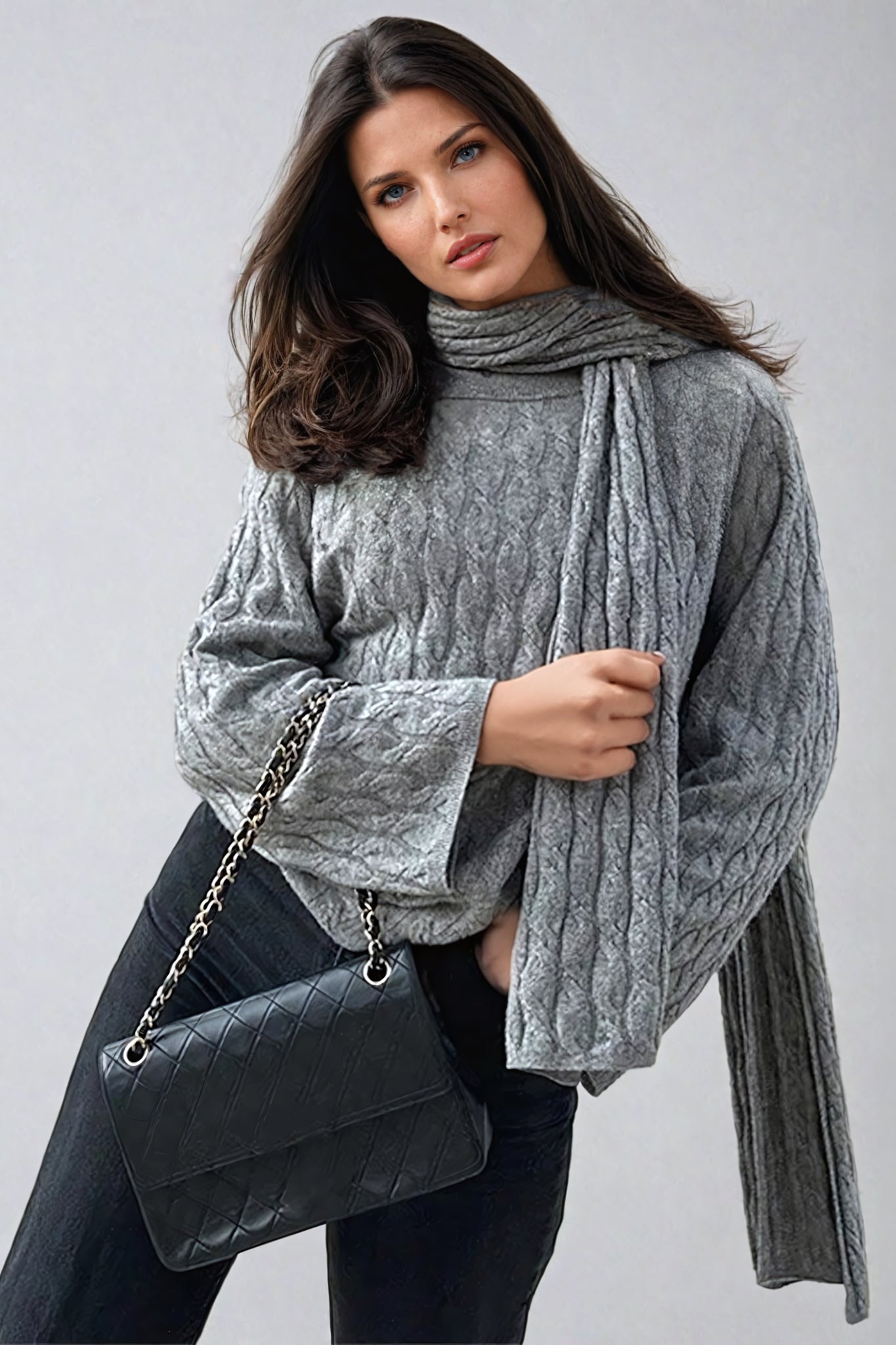 Knitted Sweater with Scarf - Gray