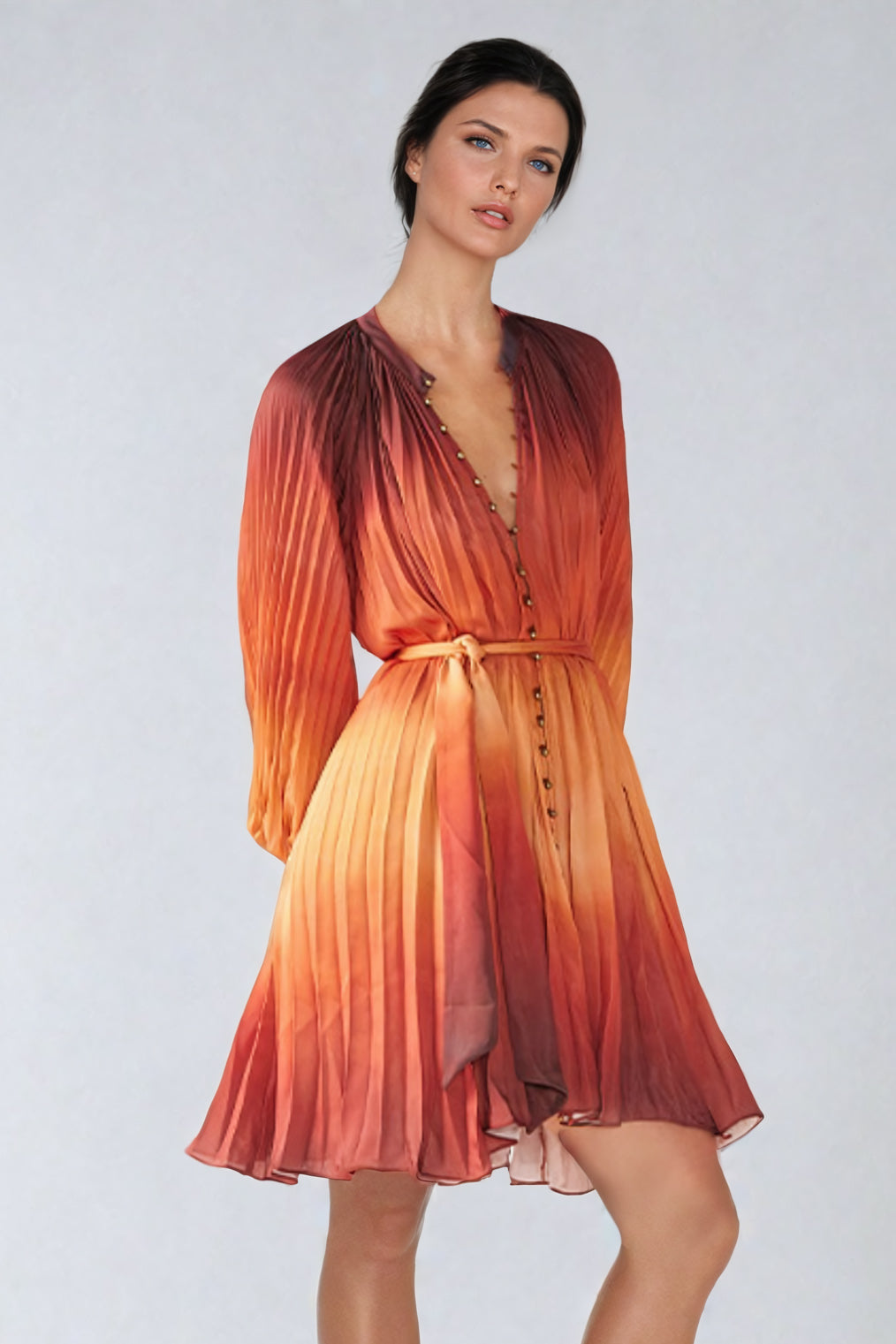 Pleated Button-Front Mini Dress with Belted Waist - Orange