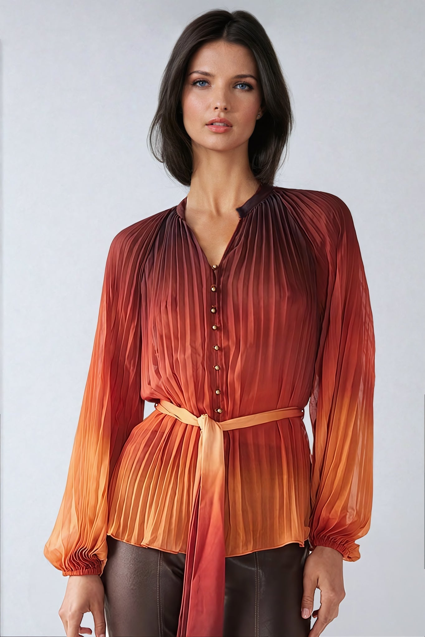 Pleated Long-Sleeve Button-Front Top with Belted Waist - Orange