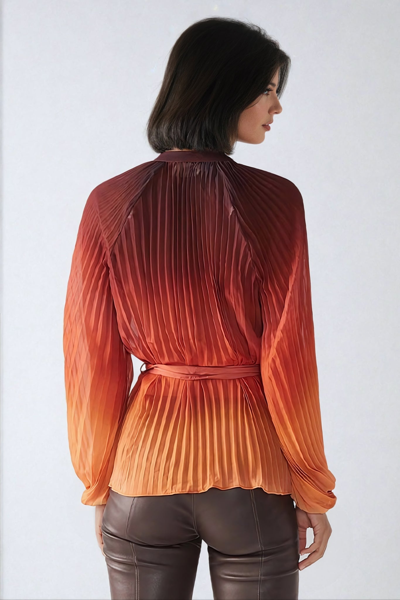 Pleated Long-Sleeve Button-Front Top with Belted Waist - Orange