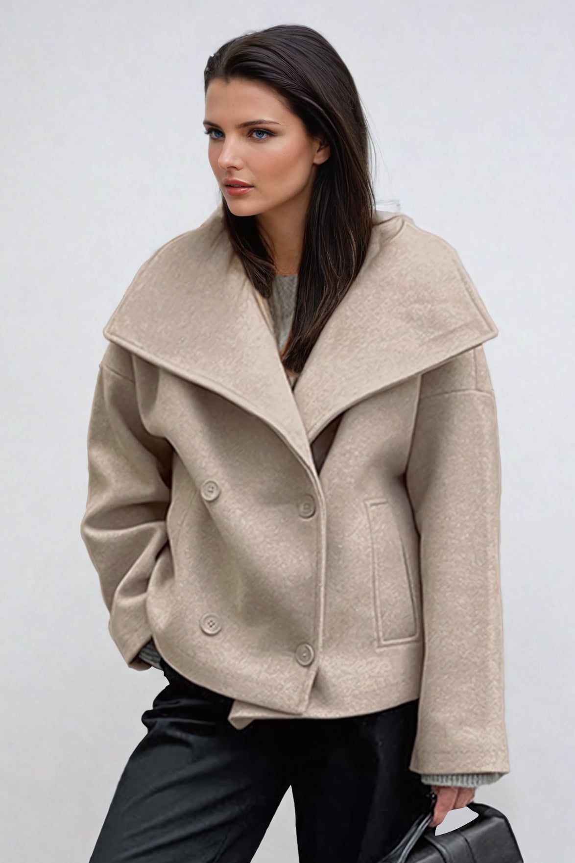 Double-Breasted Coat with Oversized Collar - Khaki