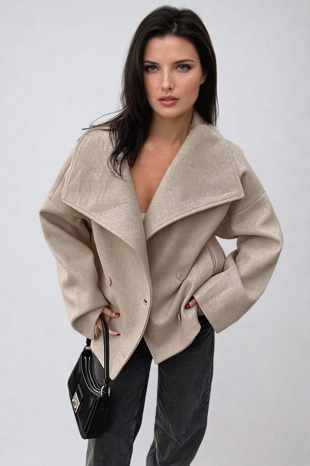 Double-Breasted Coat with Oversized Collar - Khaki