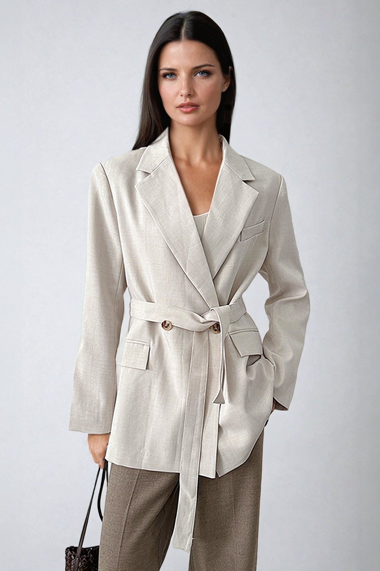 Belted Tailored Blazer with Button Cuffs - Beige