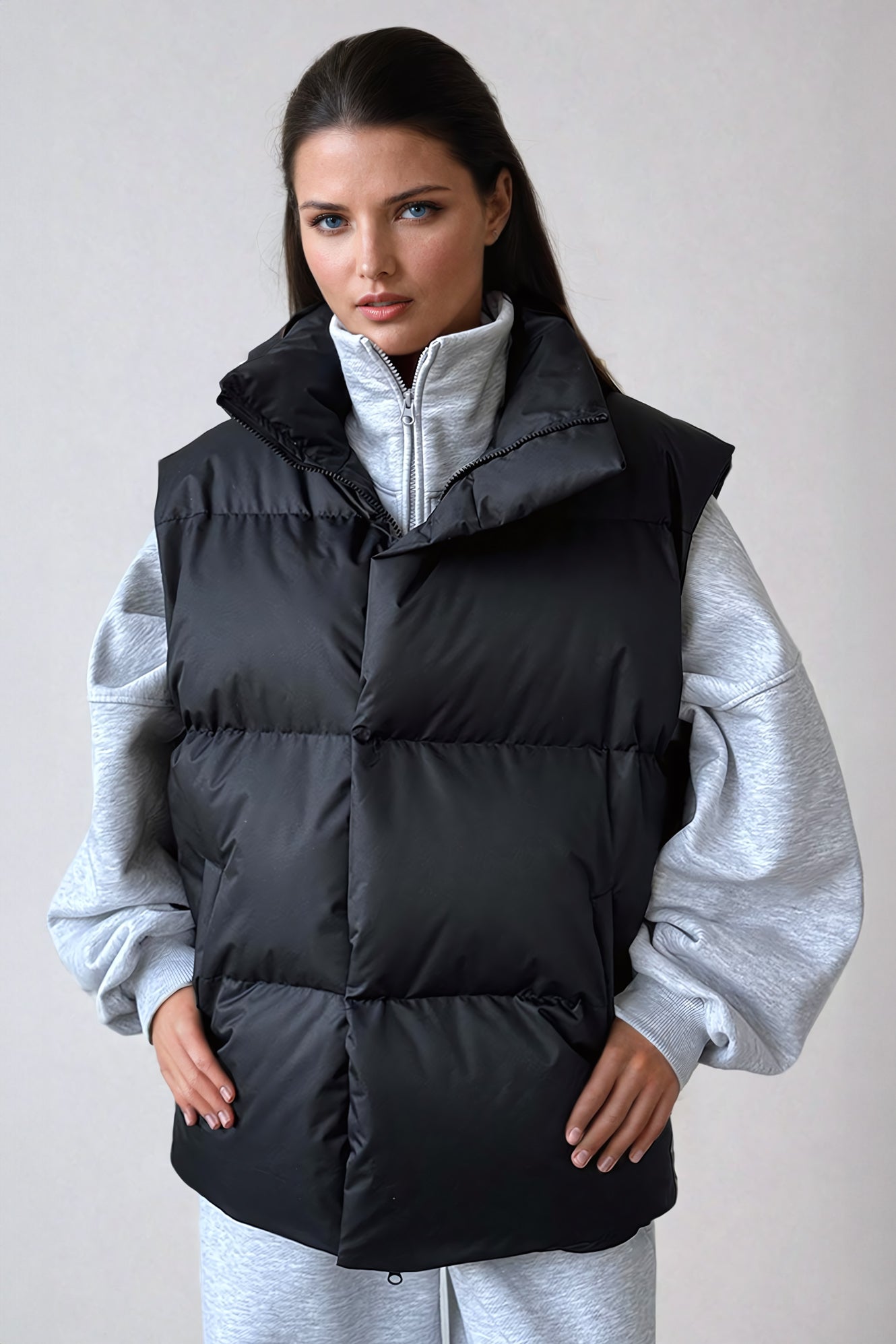 Quilted Puffer Vest with Stand-Up Collar - Black