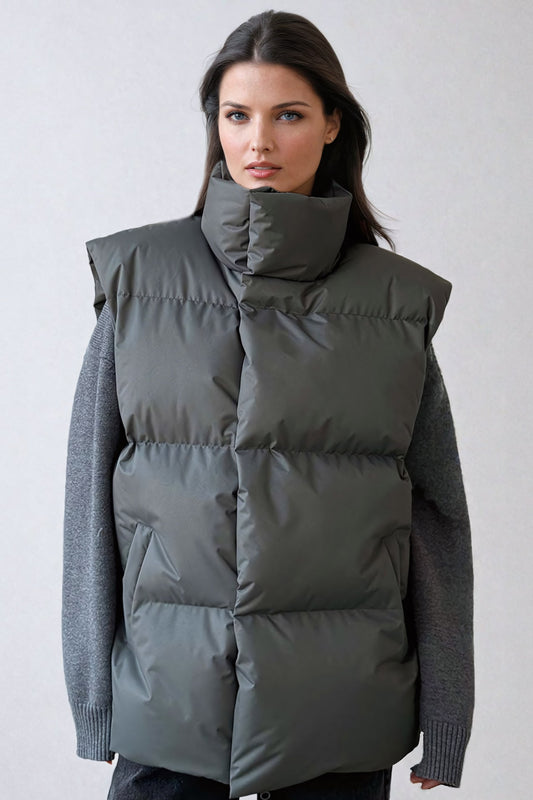 Quilted Puffer Vest with Stand-Up Collar - Dark Gray