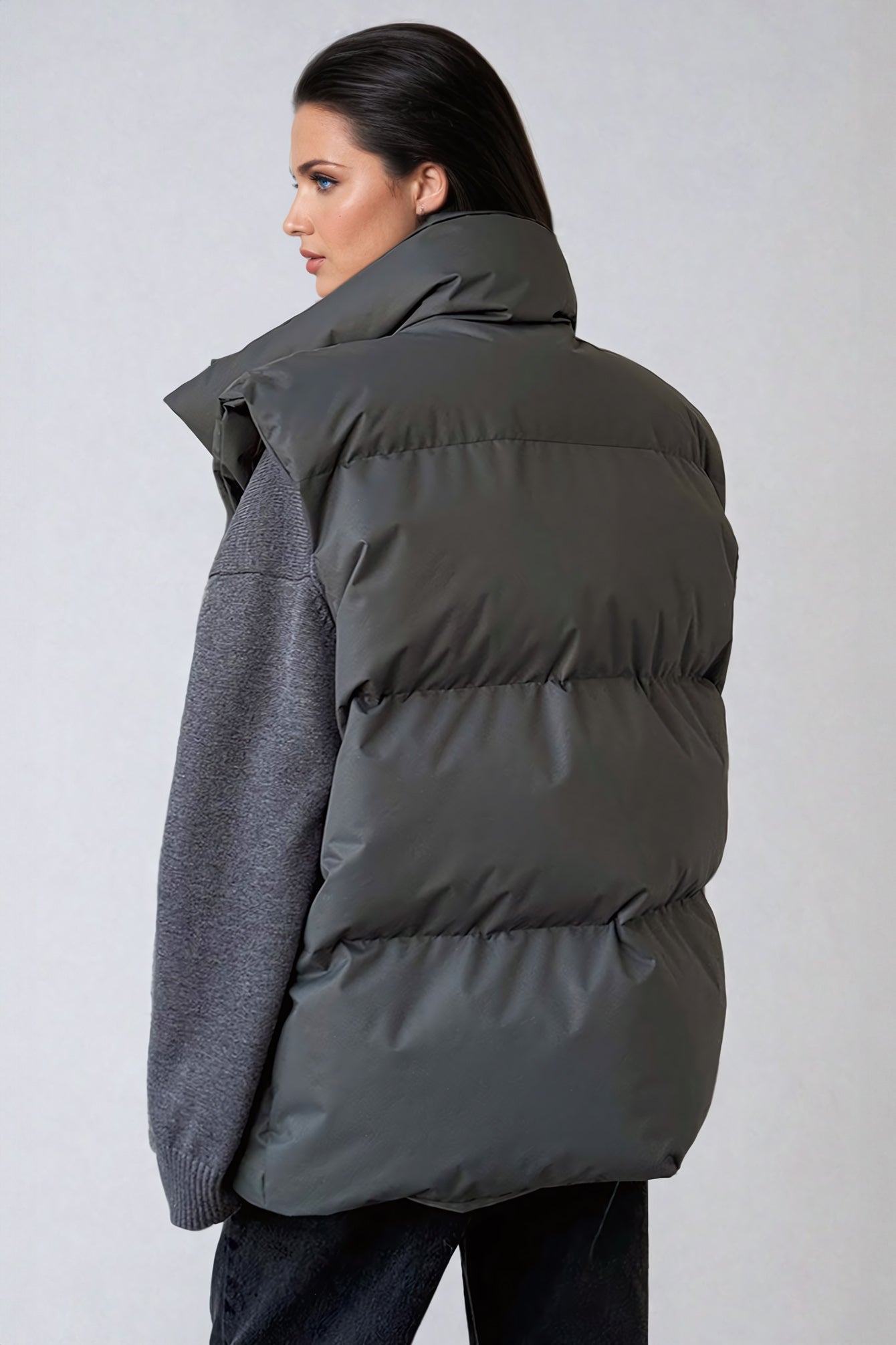 Quilted Puffer Vest with Stand-Up Collar - Dark Gray