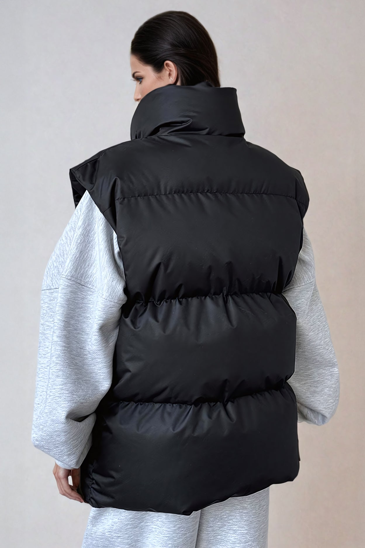 Quilted Puffer Vest with Stand-Up Collar - Black