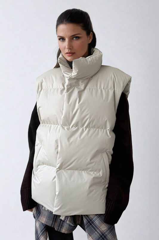 Quilted Puffer Vest with Stand-Up Collar - Beige