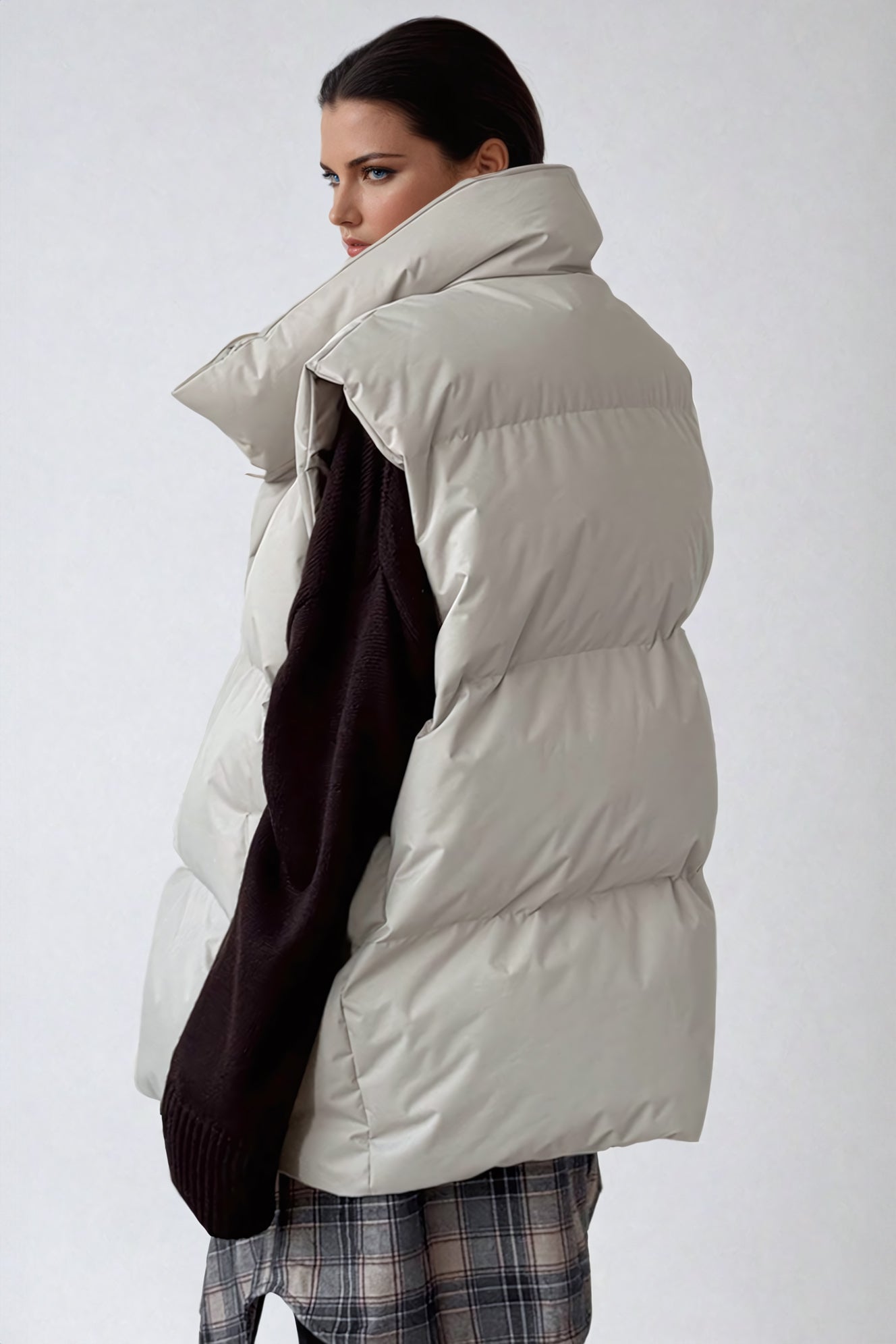 Quilted Puffer Vest with Stand-Up Collar - Beige