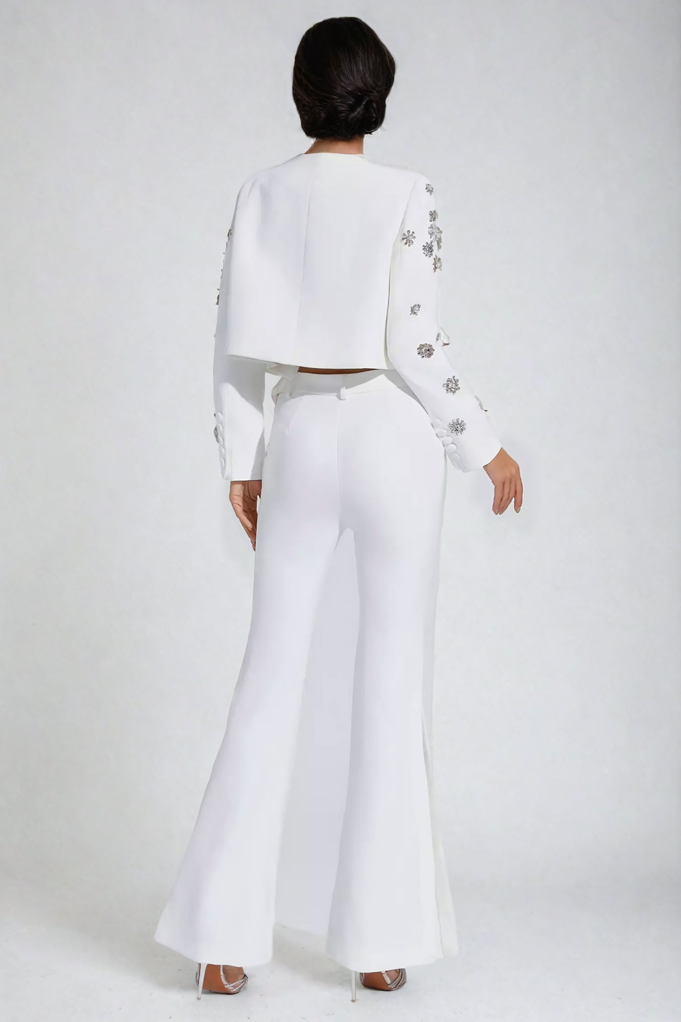 Two-Piece Set with Embellished Cropped Blazer and High-Waisted Trousers - White