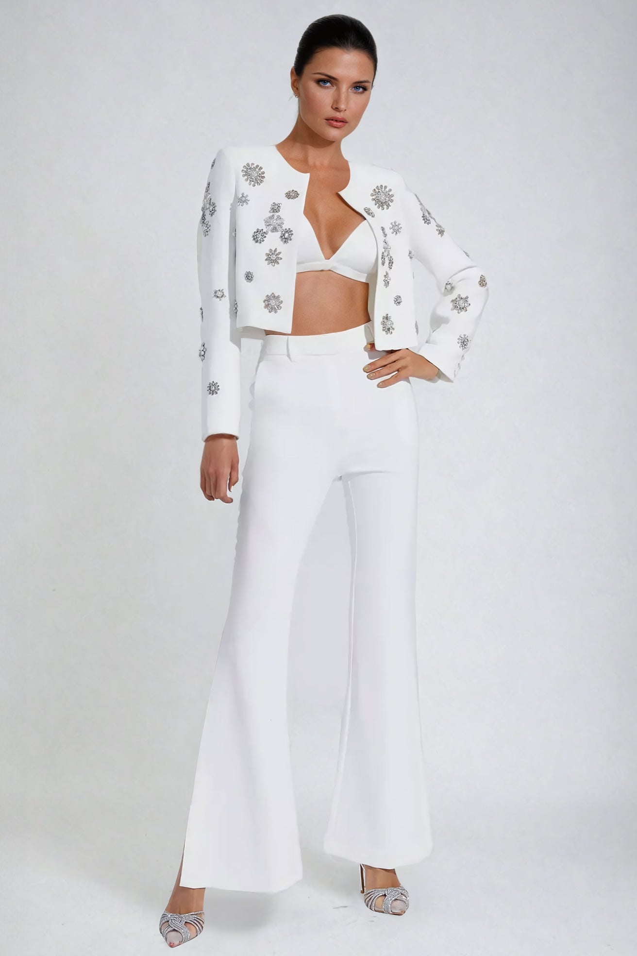 Two-Piece Set with Embellished Cropped Blazer and High-Waisted Trousers - White