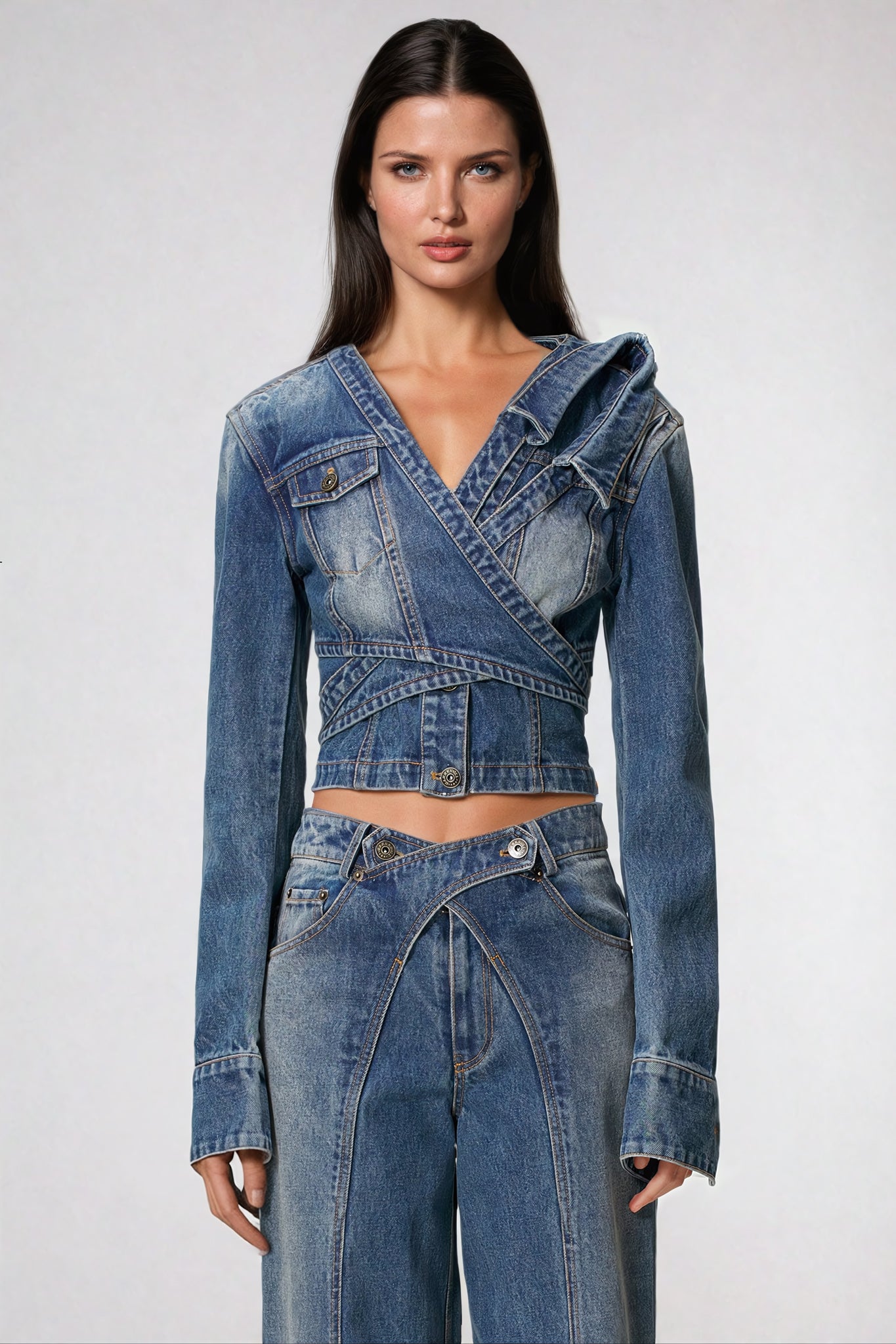 Denim Wrap-Style Cropped Top - Blue