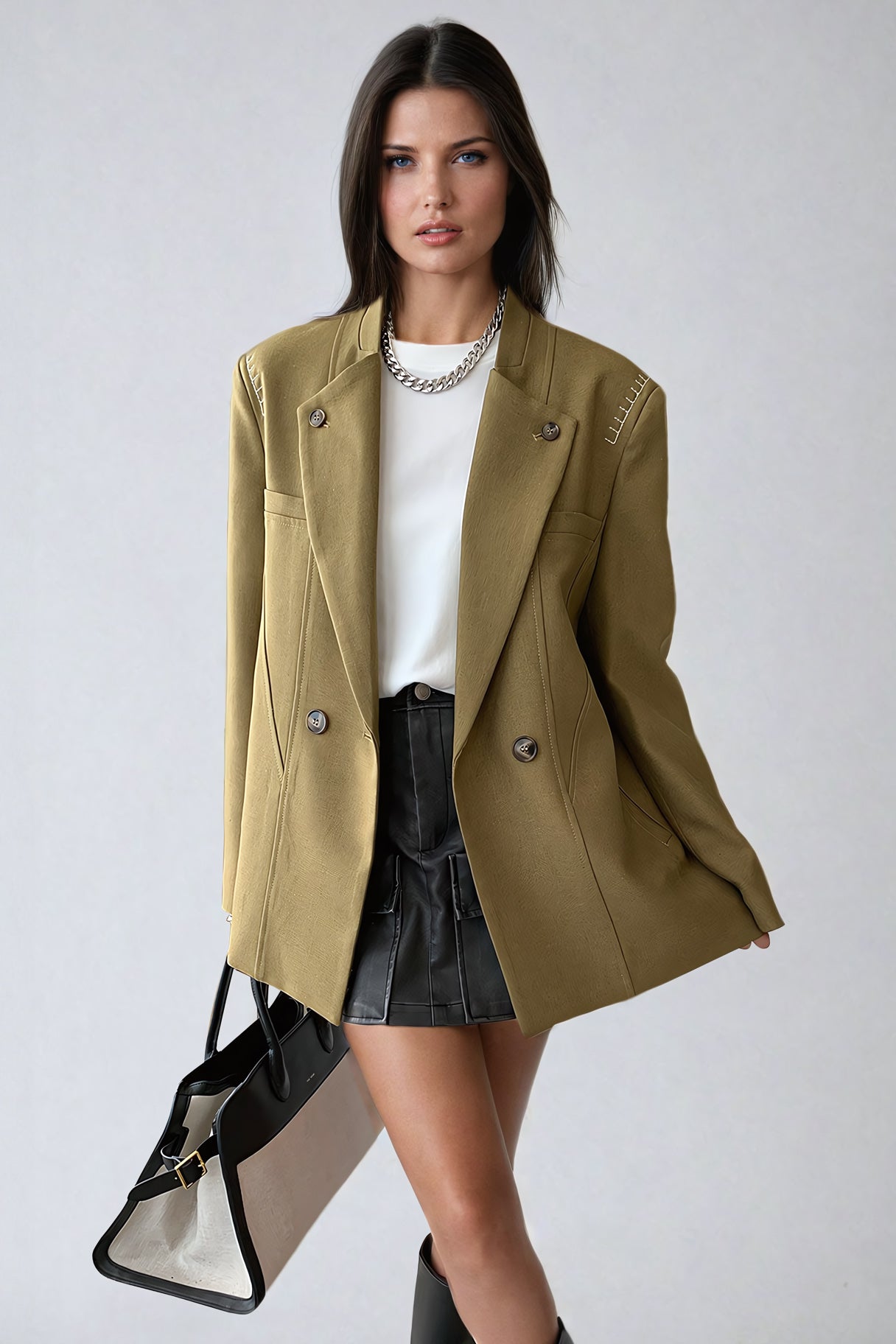 Double-Breasted Blazer with Stitch Detailing - Green