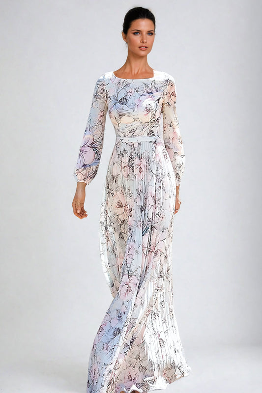 Floral Print Pleated Maxi Dress with Balloon Sleeves - White