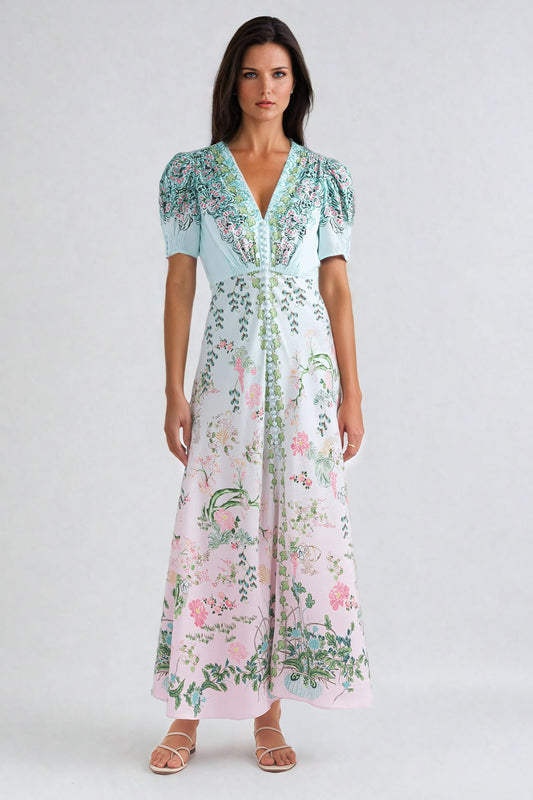 Floral Print Maxi Dress with Puff Sleeves - Green