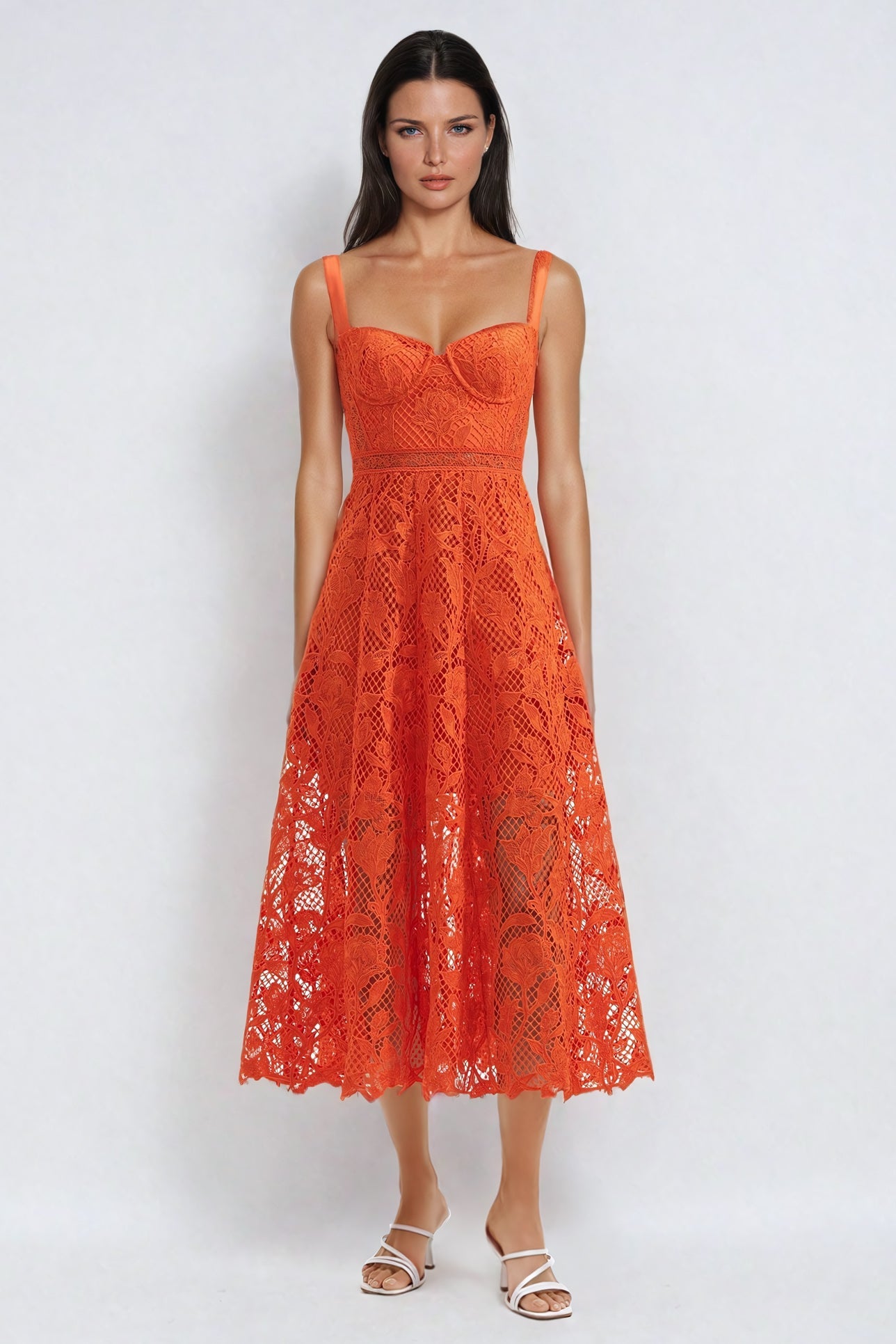 Lace Midi Dress with Sweetheart Neckline - Orange