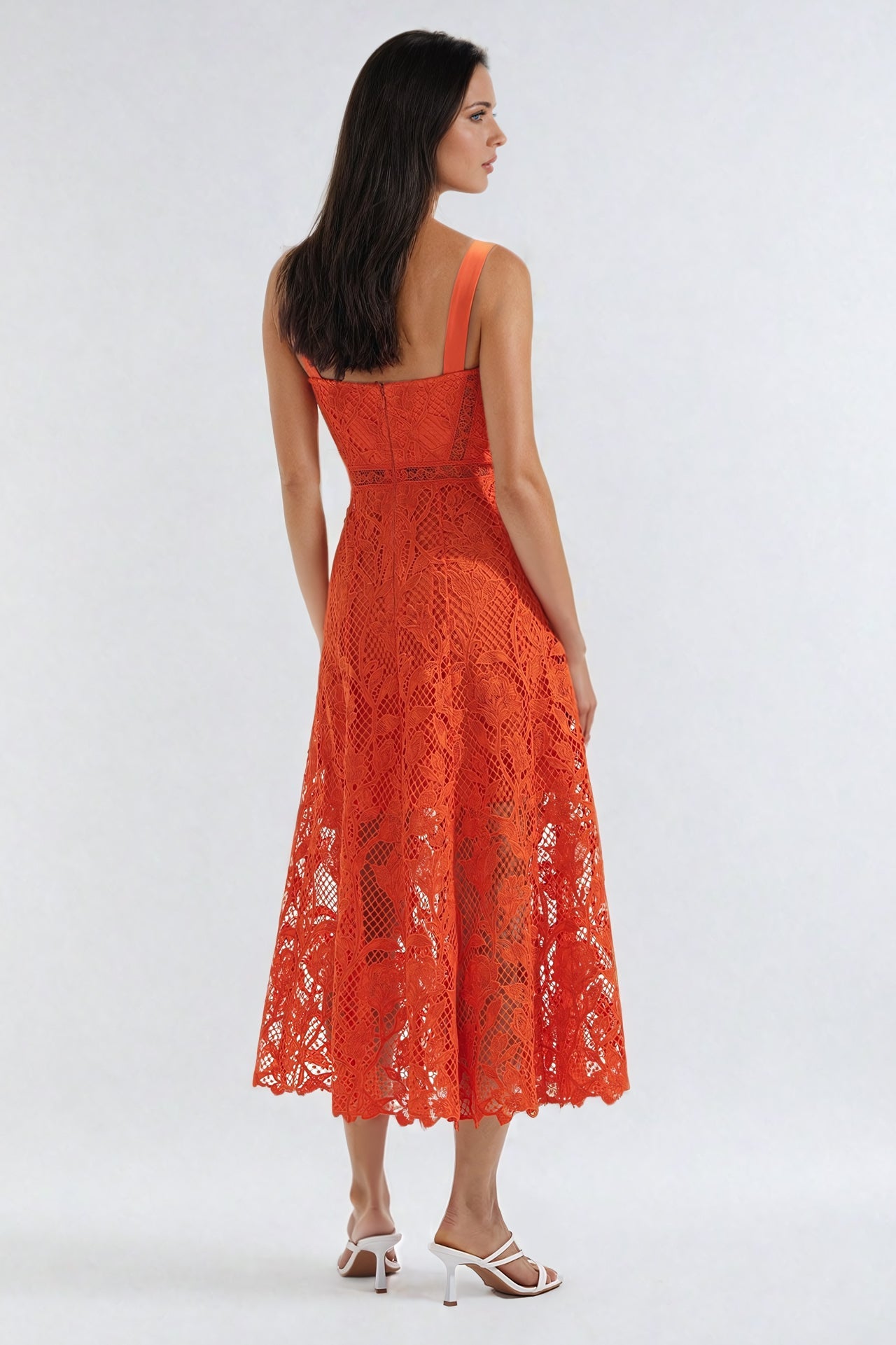 Lace Midi Dress with Sweetheart Neckline - Orange