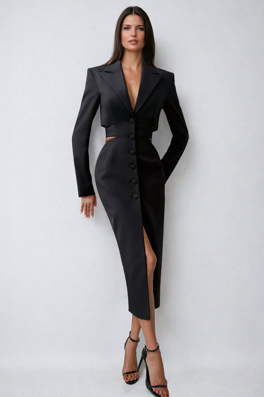 Blazer Style Cut-Out Midi Dress - Black