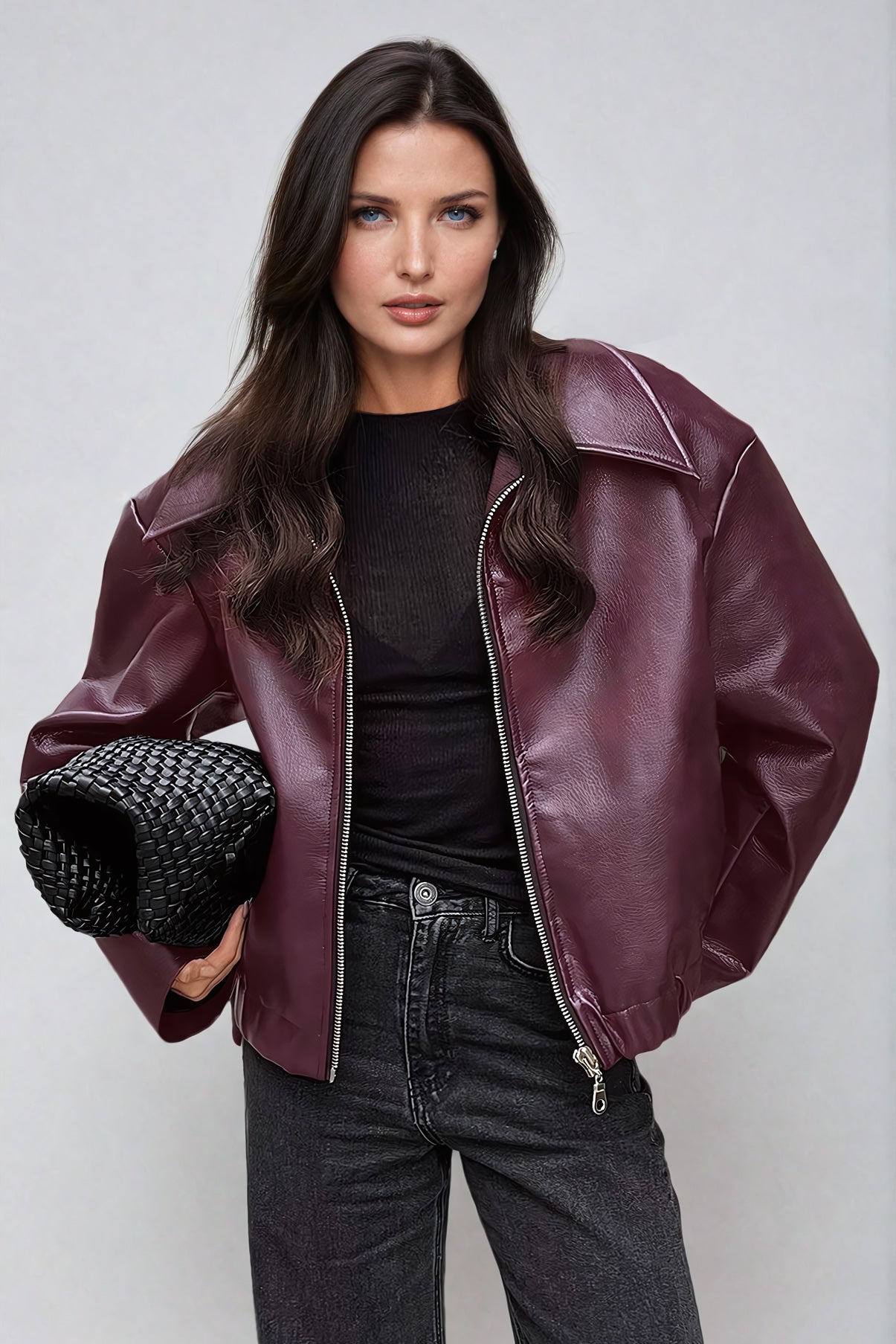 Oversized Zip-Up Jacket with Wide Lapel - Burgundy