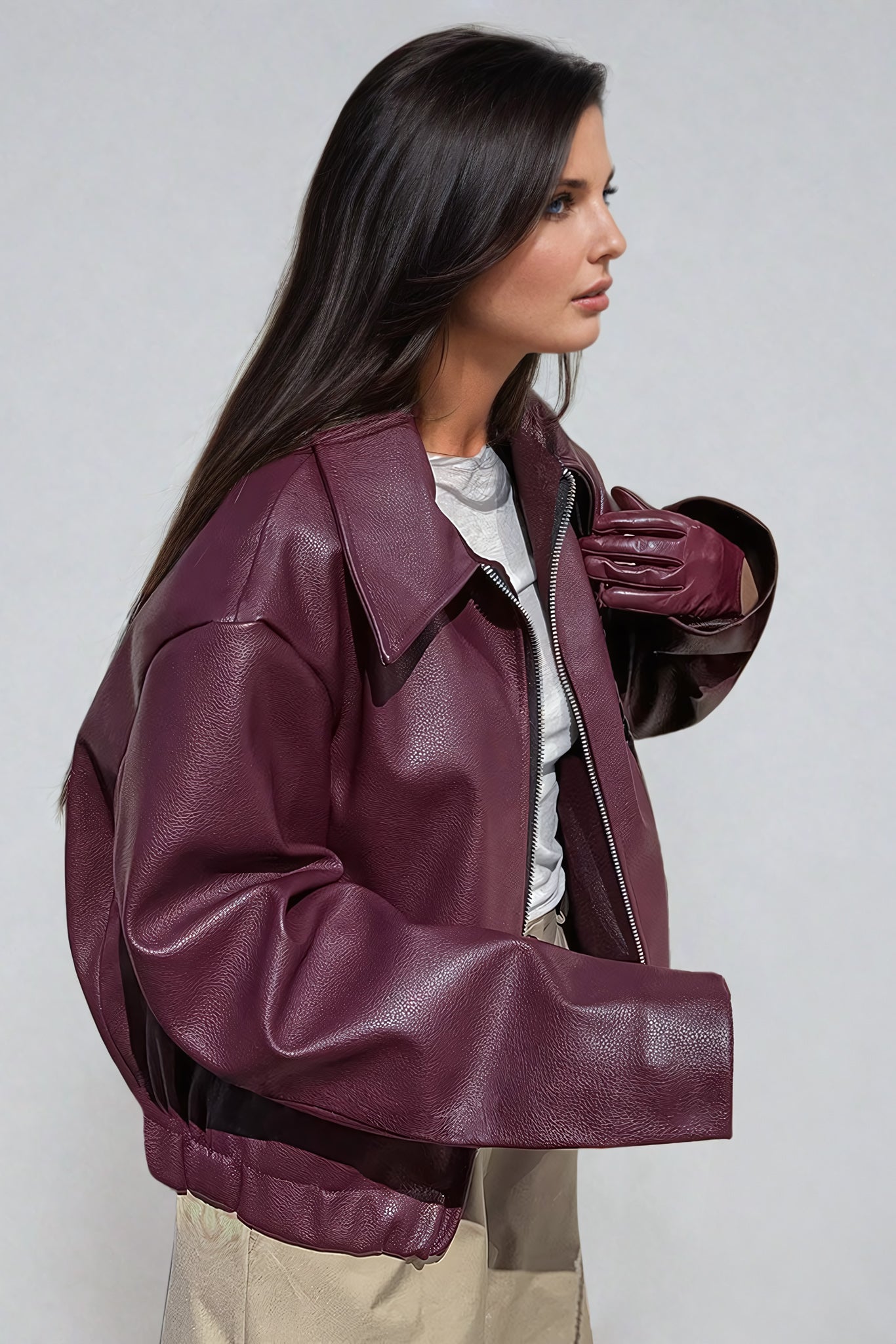 Oversized Zip-Up Jacket with Wide Lapel - Burgundy