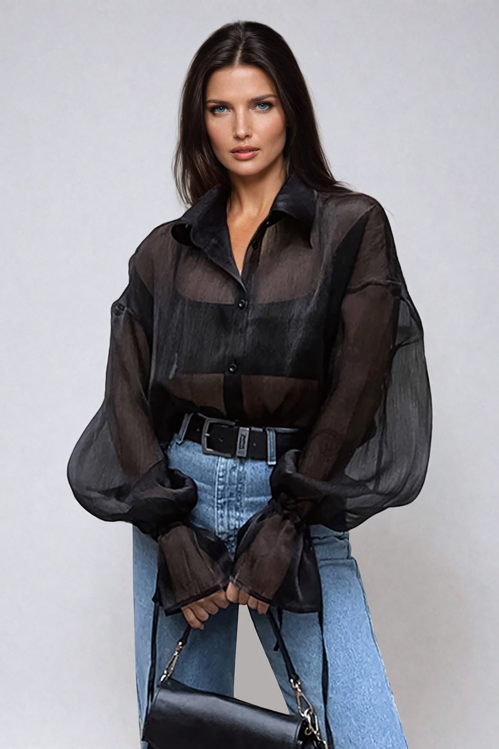 Sheer Button-Down Shirt with Tie Cuffs - Black