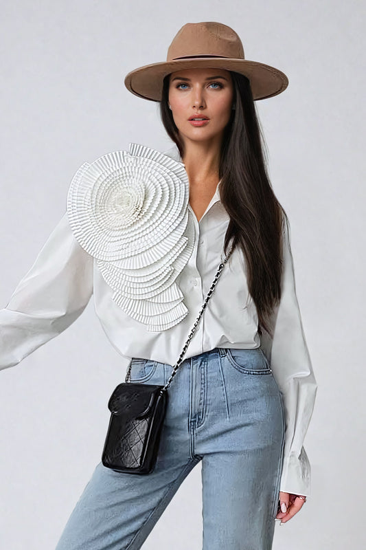 Button-Down Shirt with Oversized 3D Floral Accent - White