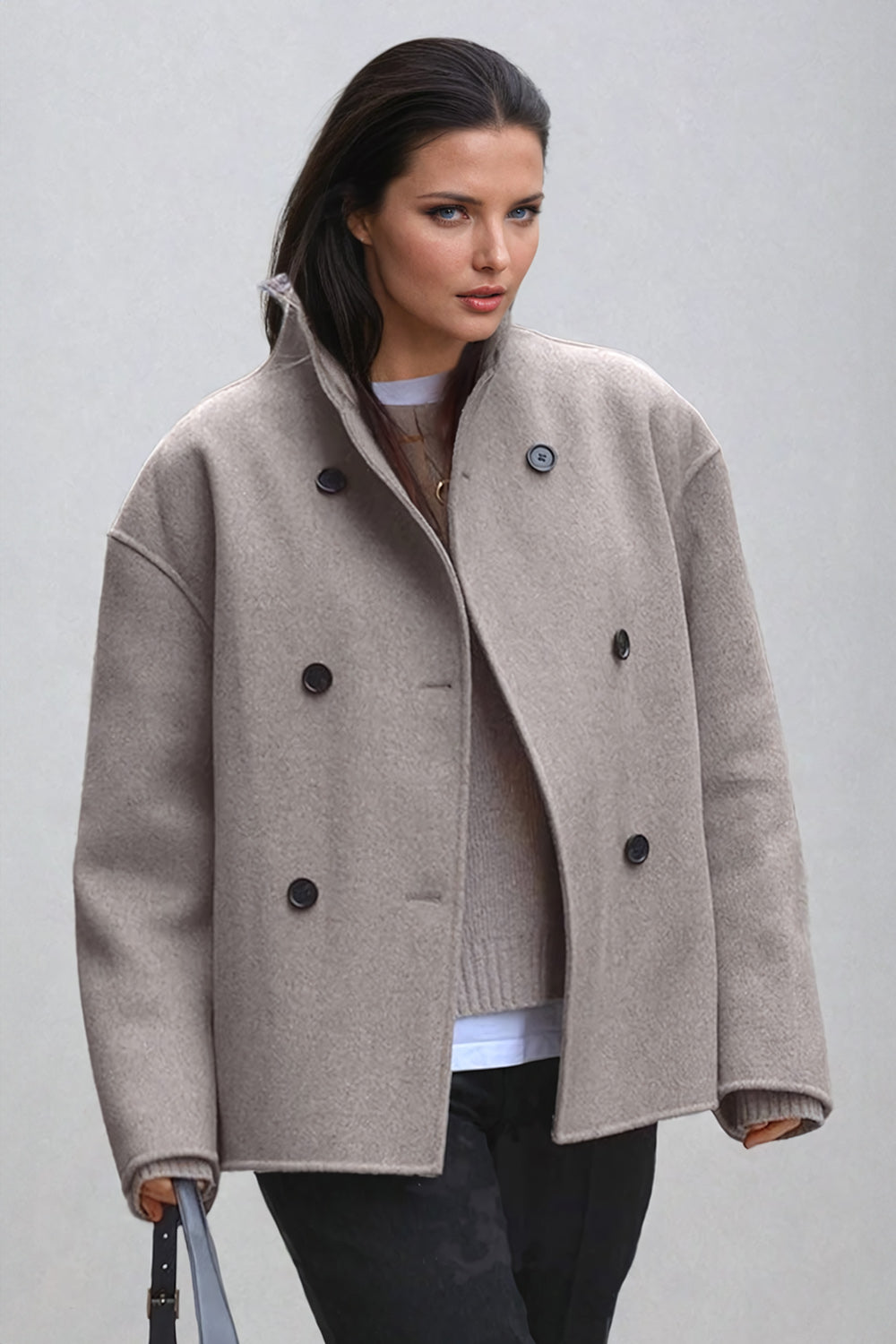 Oversized Coat with High Neck - Beige