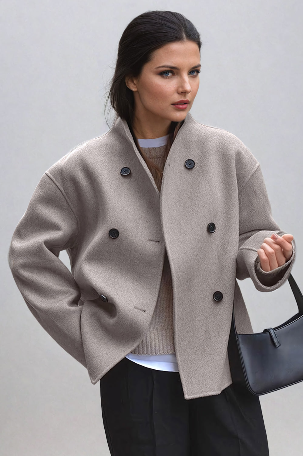 Oversized Coat with High Neck - Beige