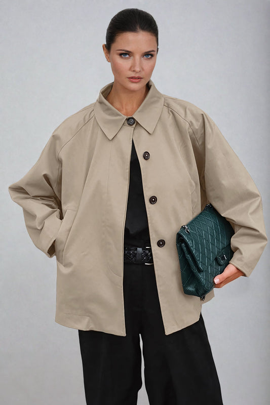 Button-Up Jacket with Pointed Collar - Khaki