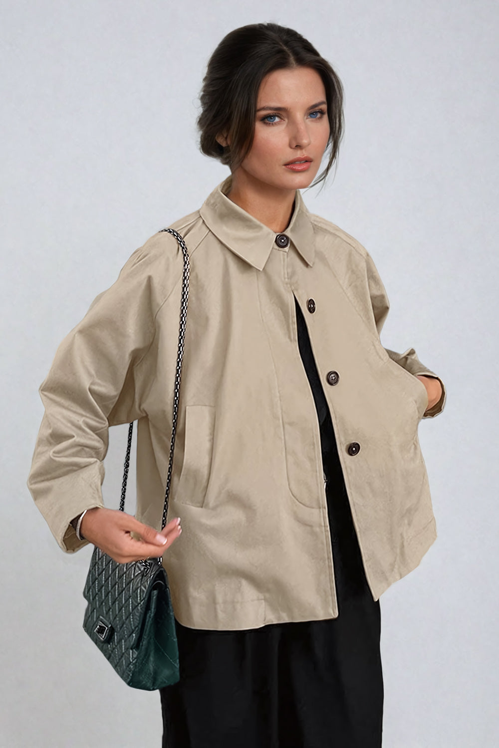 Button-Up Jacket with Pointed Collar - Khaki