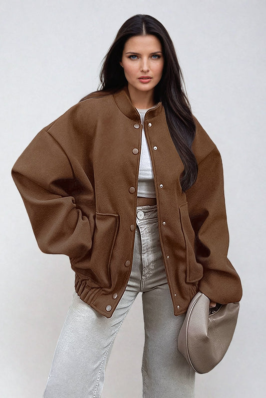 Oversized Snap Button Jacket with Elastic Hem - Brown