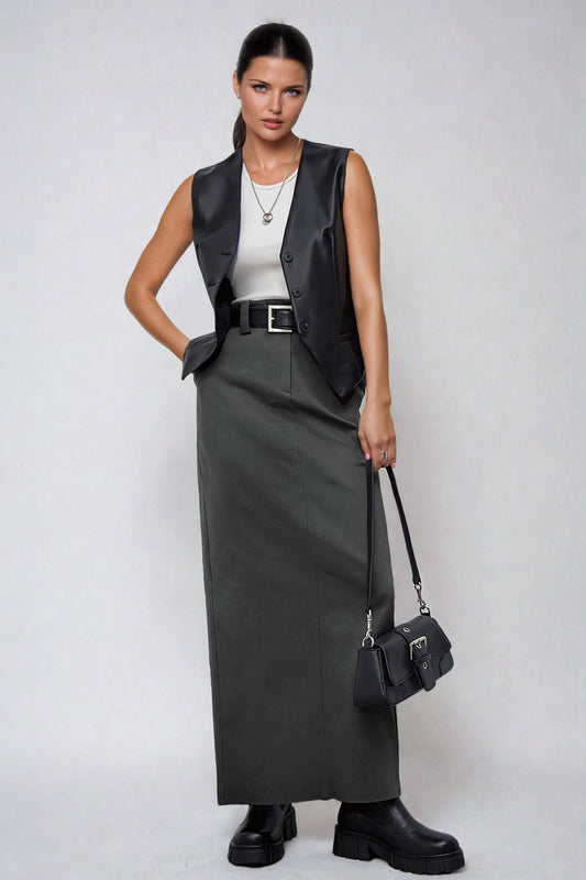 High-Waisted Maxi Skirt with Back Slit - Dark Gray