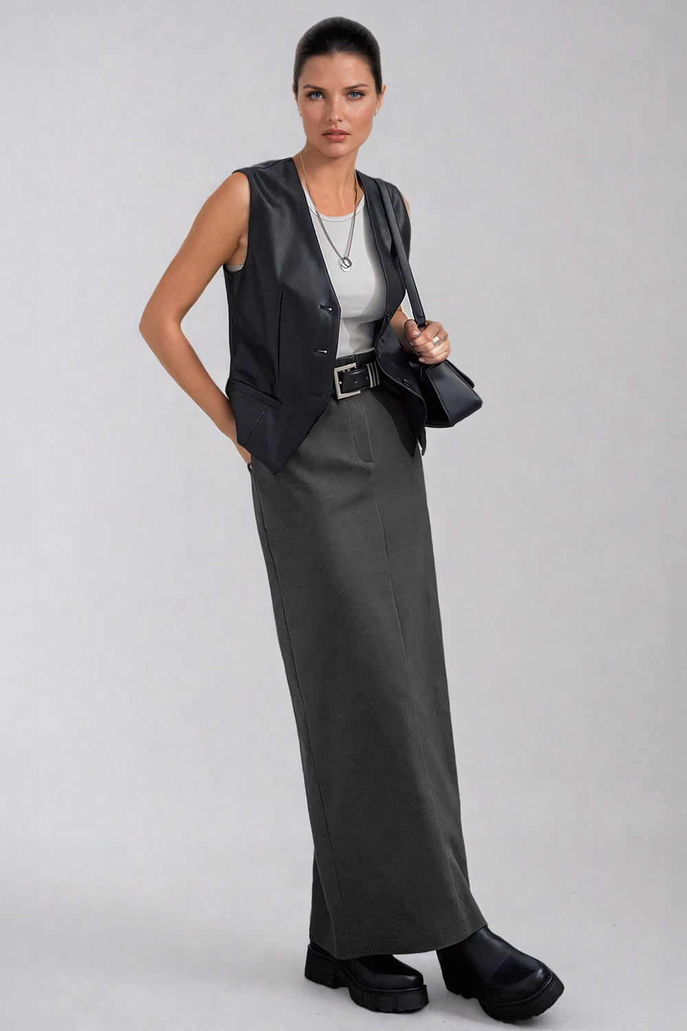 High-Waisted Maxi Skirt with Back Slit - Dark Gray