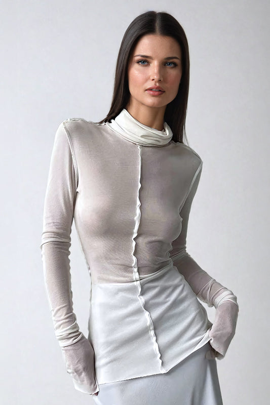 Fitted High-Neck Long Sleeve Sweater - White