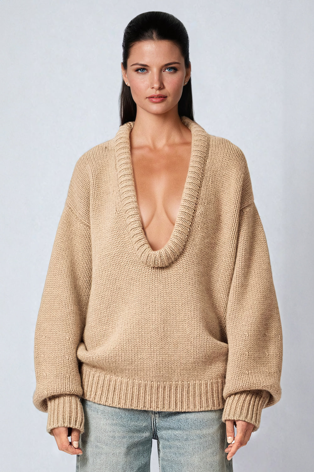 Deep V-Neck Oversized Knit Sweater - Khaki