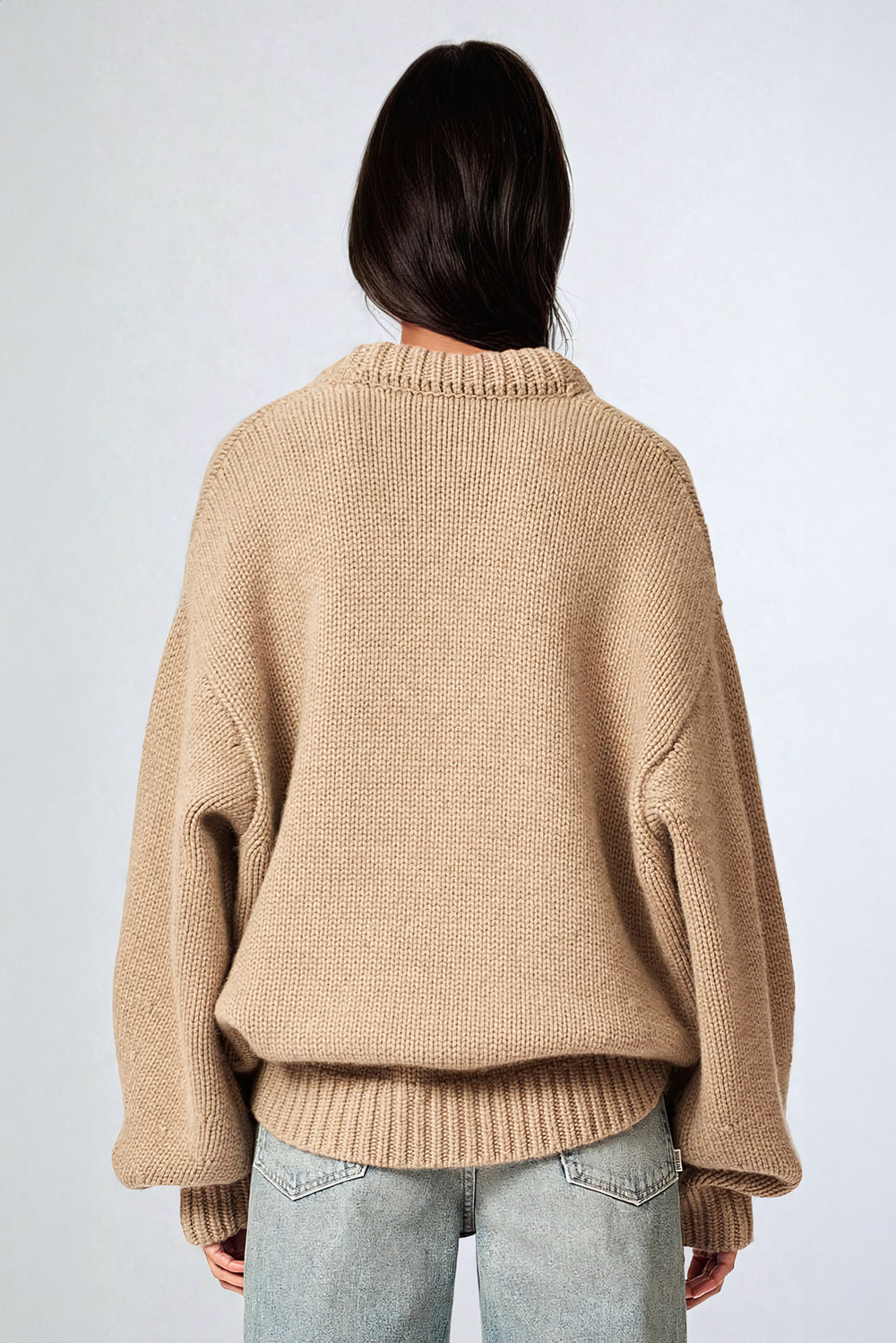 Deep V-Neck Oversized Knit Sweater - Khaki