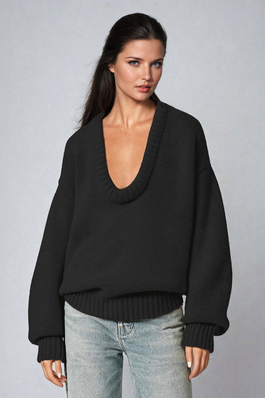 Deep V-Neck Oversized Knit Sweater - Black