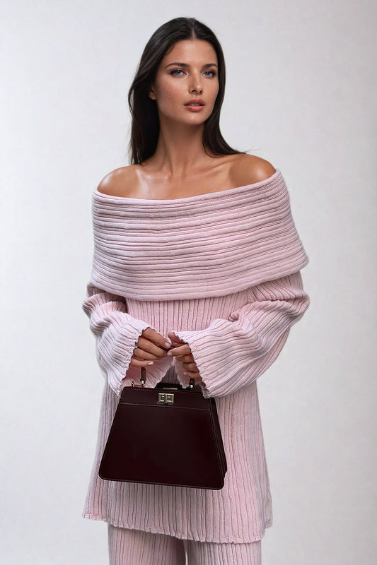 Off-Shoulder Ribbed Knit Mini Dress - Pink