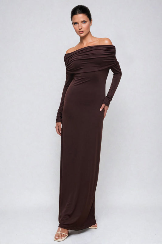 Off-Shoulder Ruched Maxi Dress - Brown