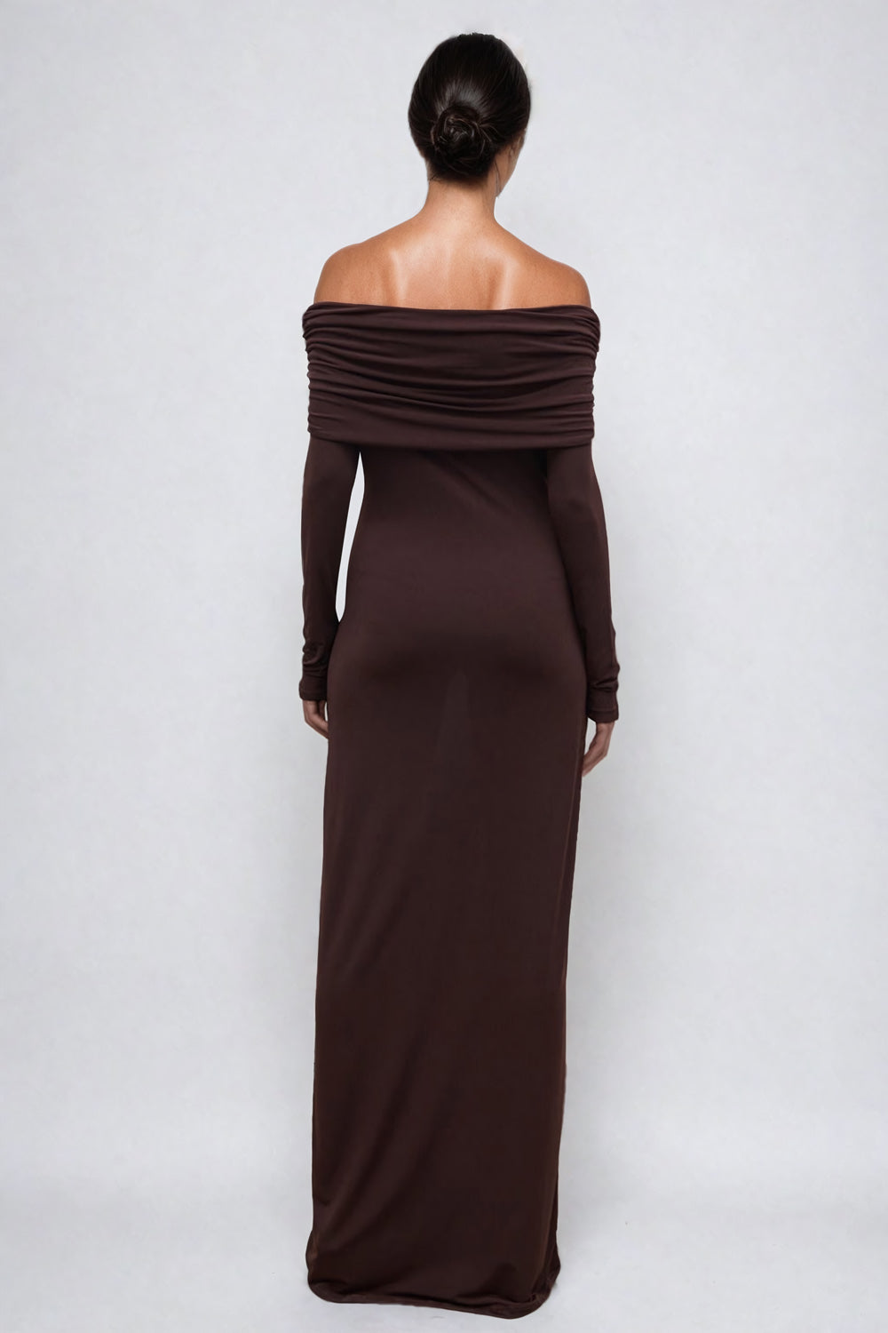 Off-Shoulder Ruched Maxi Dress - Brown