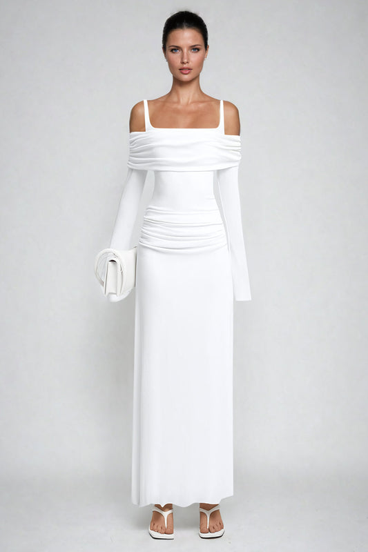 Off-Shoulder Ruched Maxi Dress with Strap Accent - White