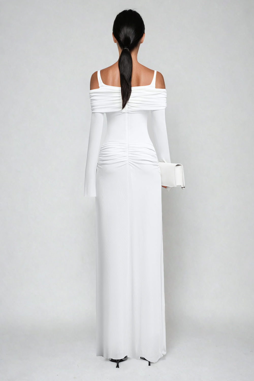 Off-Shoulder Ruched Maxi Dress with Strap Accent - White