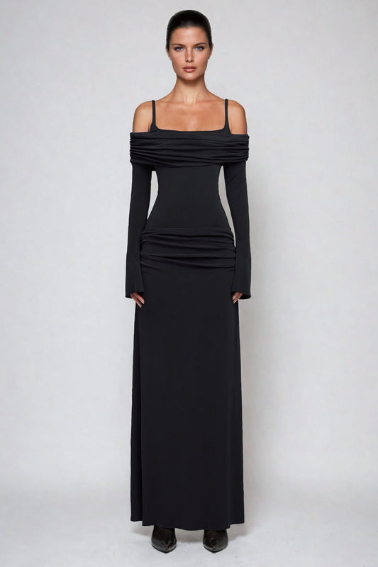 Off-Shoulder Ruched Maxi Dress with Strap Accent - Black