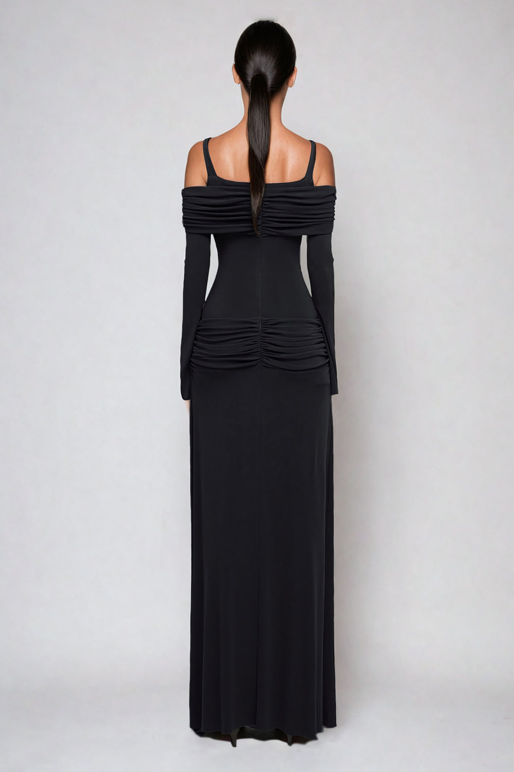 Off-Shoulder Ruched Maxi Dress with Strap Accent - Black