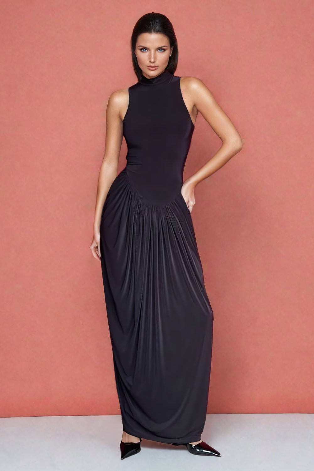 High-Neck Long Sleeve Maxi Dress - Black