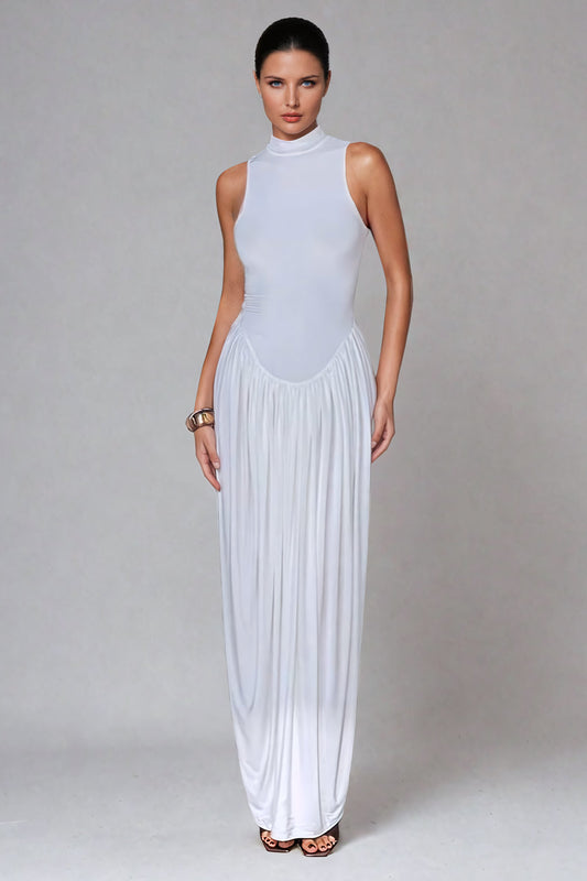 High-Neck Long Sleeve Maxi Dress - White
