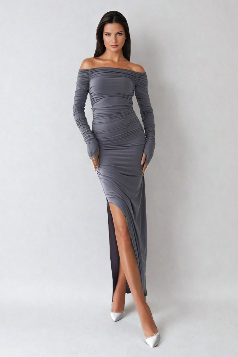 Off-Shoulder Ruched High-Slit Maxi Dress - Gray