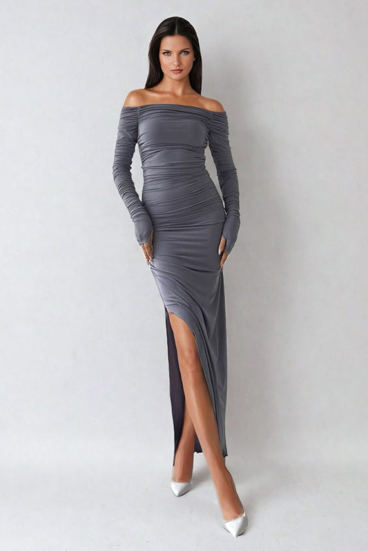 Off-Shoulder Ruched High-Slit Maxi Dress - Gray