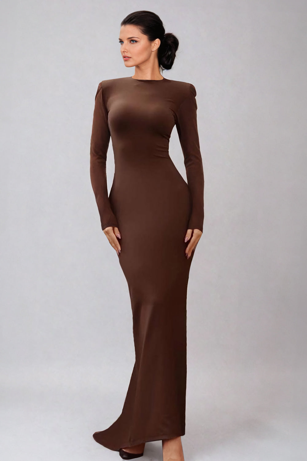 Turtleneck Long Sleeve Maxi Dress - Brown